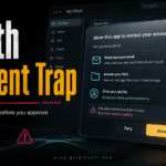 OAuth consent phishing warning with a permission dialog and Allow button