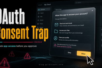 OAuth consent phishing warning with a permission dialog and Allow button
