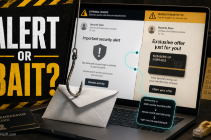 Office365alerts phishing email illustration showing a Microsoft 365-style alert split with a suspicious Costco or BT offer lure.