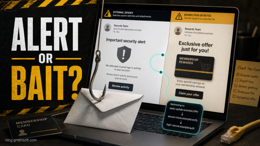 Office365alerts phishing email illustration showing a Microsoft 365-style alert split with a suspicious Costco or BT offer lure.