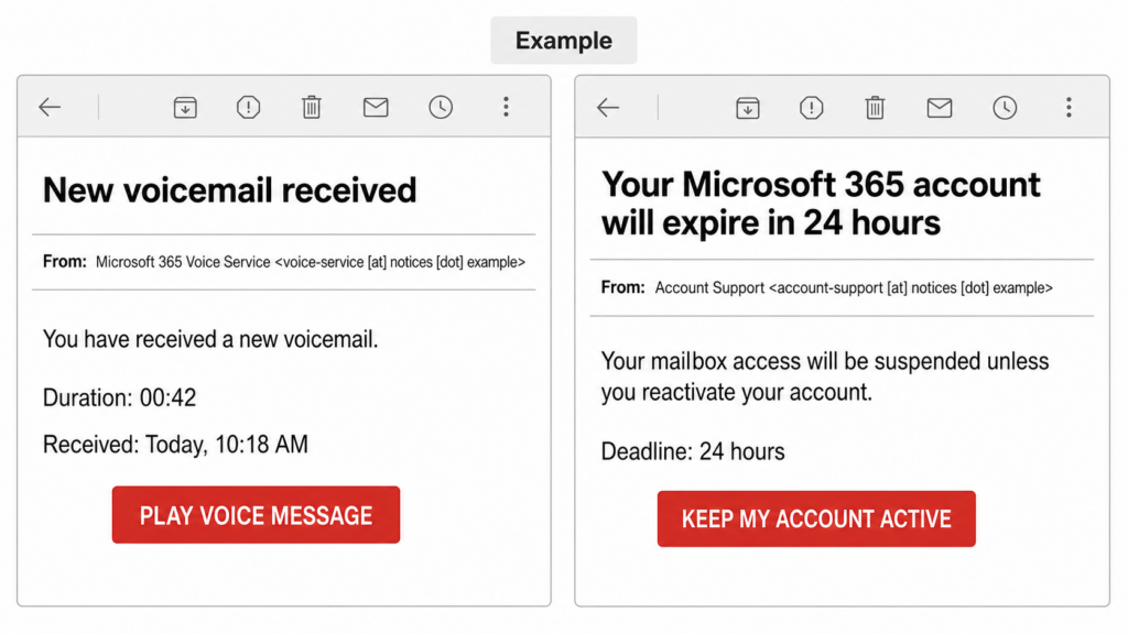 Two fake Microsoft 365 emails: a voicemail alert and a 24-hour account expiry warning.
