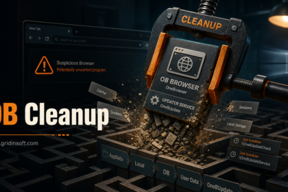 OneBrowser cleanup scene showing OB Browser leftovers and updater service debris being removed.