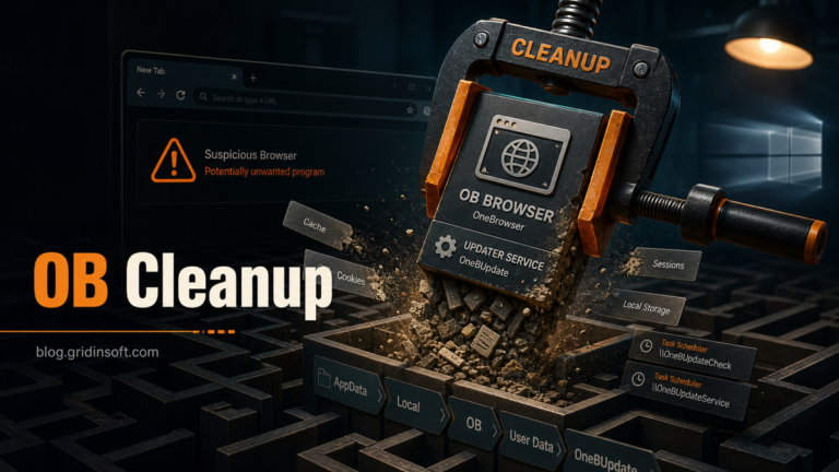 OneBrowser cleanup scene showing OB Browser leftovers and updater service debris being removed.