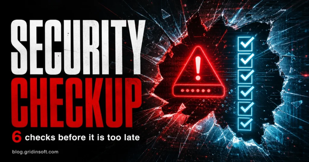 Security Checkup poster with red cyber alarm, six check marks, and blog.gridinsoft.com signature.