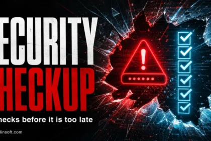 Security Checkup poster with red cyber alarm, six check marks, and blog.gridinsoft.com signature.