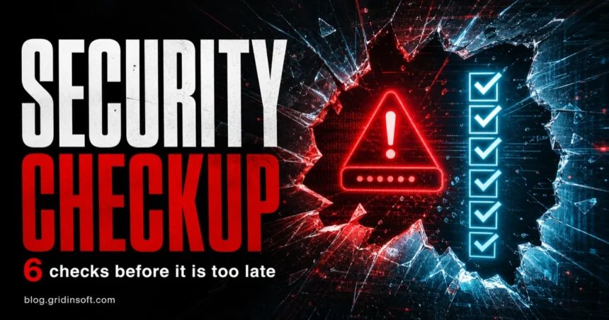Online Security Checkup: 6 Checks to Do Regularly in 2026 1 Security Checkup poster with red cyber alarm, six check marks, and blog.gridinsoft.com signature.