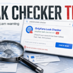 Fake OnlyFans leak checker scam warning with a trap hook and account cards.