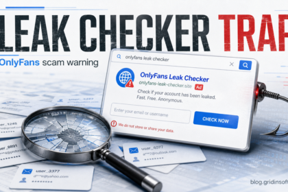 Fake OnlyFans leak checker scam warning with a trap hook and account cards.