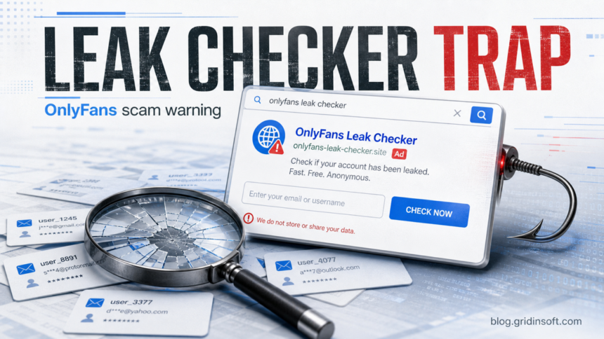 Fake OnlyFans leak checker scam warning with a trap hook and account cards.