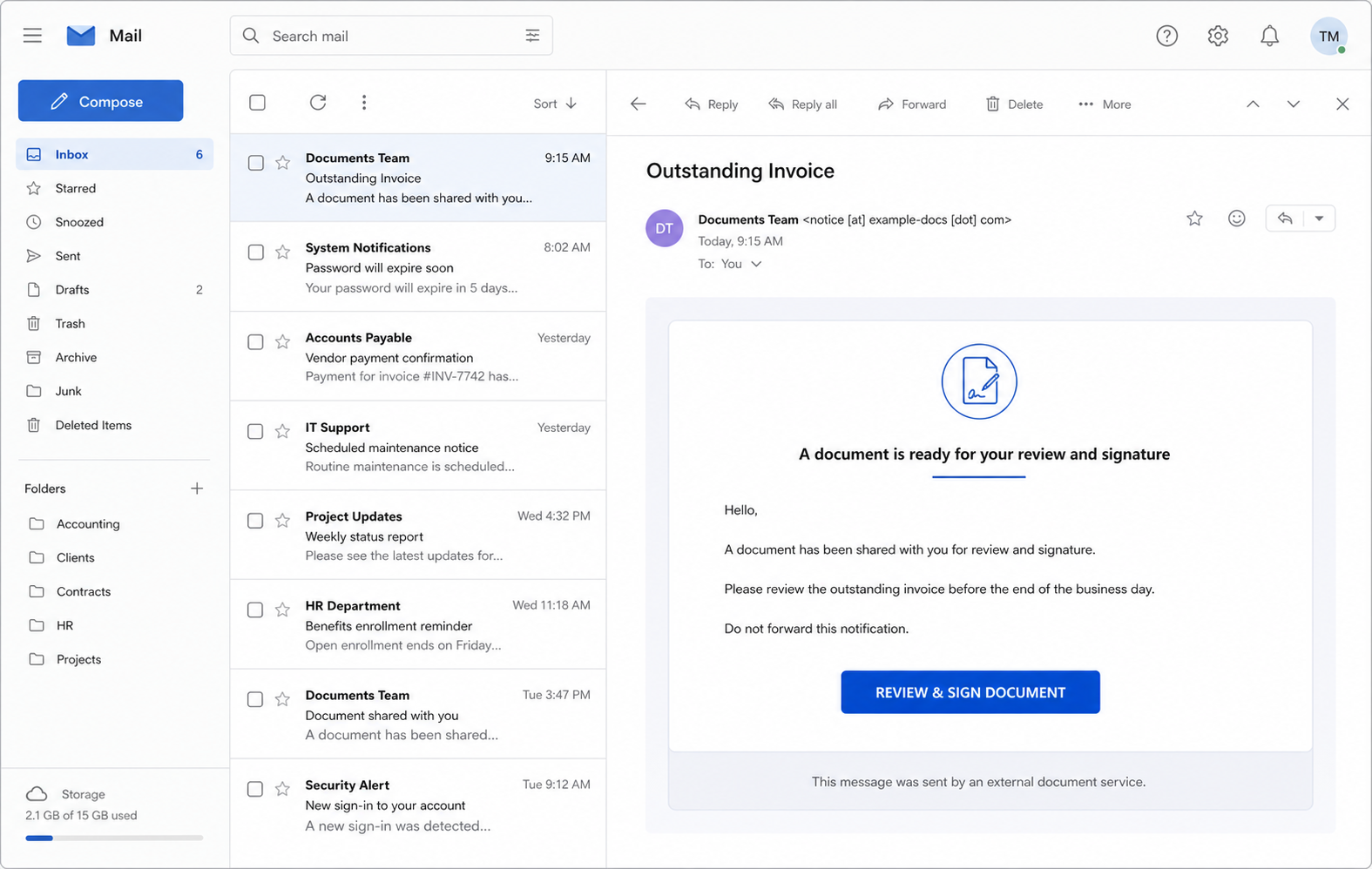 Outstanding Invoice Email Scam: DocuSign-Style Phishing Warning 2 Desktop mail example showing an Outstanding Invoice phishing message with a review and sign button