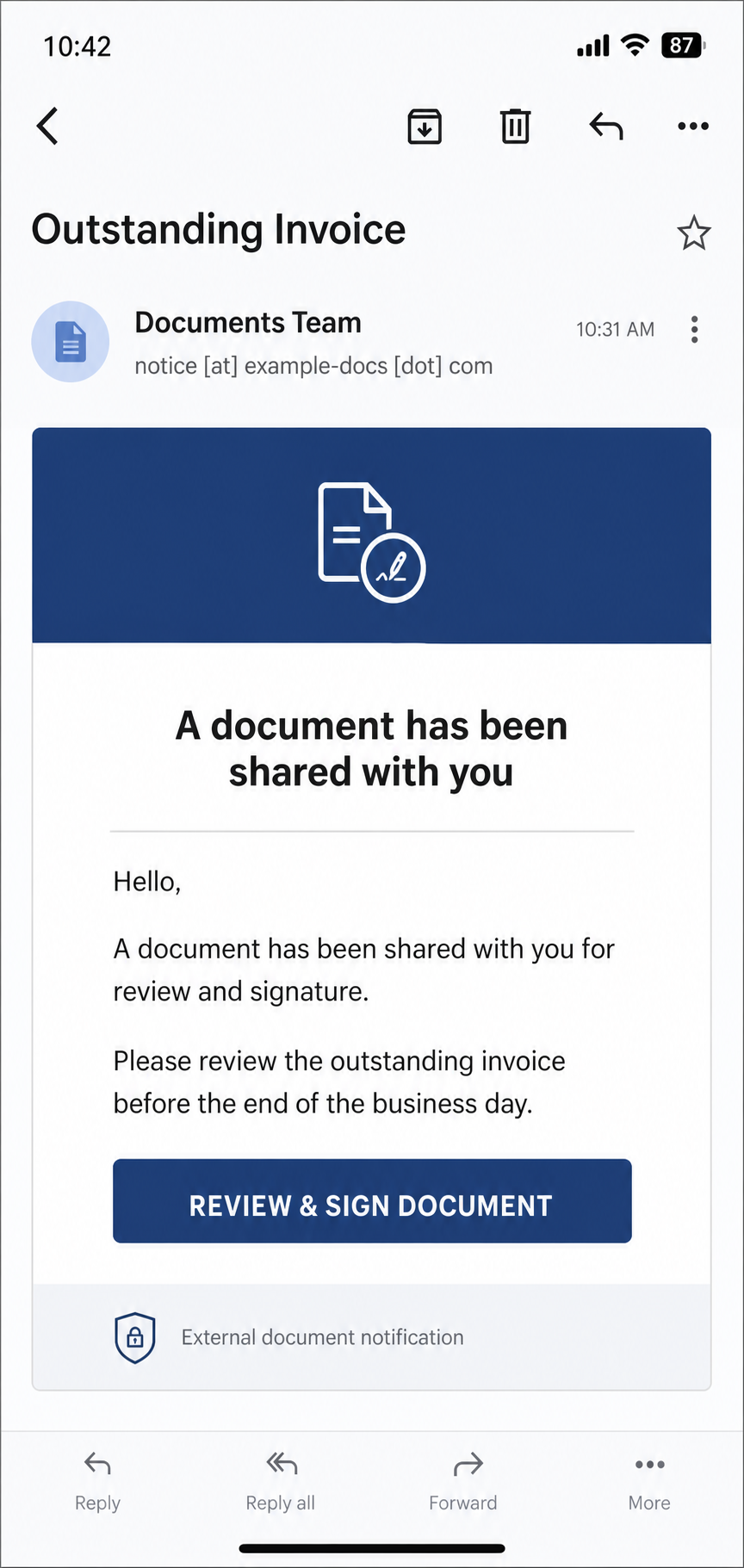 Outstanding Invoice Email Scam: DocuSign-Style Phishing Warning 3 Mobile mail example showing the Outstanding Invoice phishing message and review button