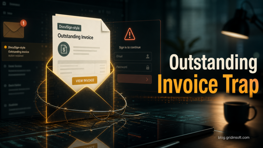 Outstanding Invoice Email Scam: DocuSign-Style Phishing Warning 1 Fake outstanding invoice notification leading to a webmail sign-in trap