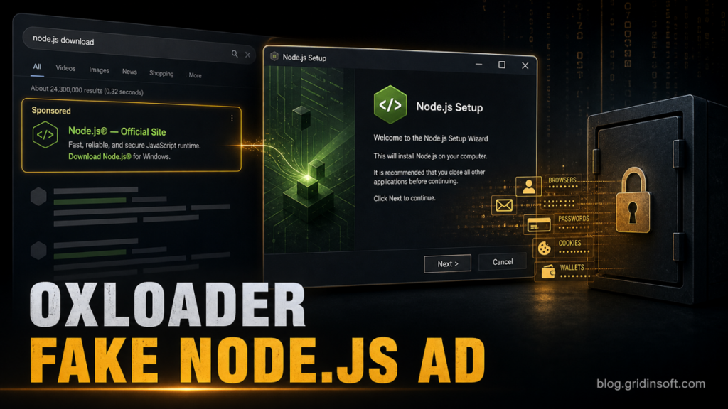Fake Node.js sponsored result leading to OXLOADER and CastleStealer credential theft.