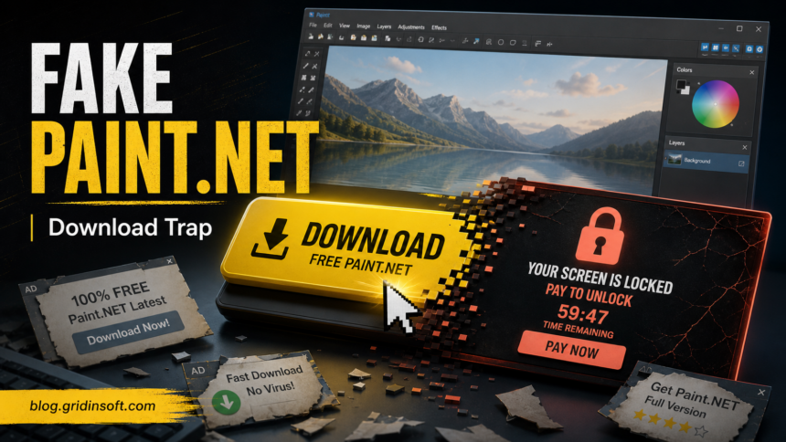 Paint.NET Virus Cleanup 1 Fake Paint.NET download button turning into a lock-screen warning.