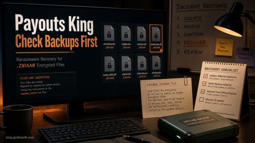 Payouts King ransomware recovery checklist for .ZWIAAW encrypted files