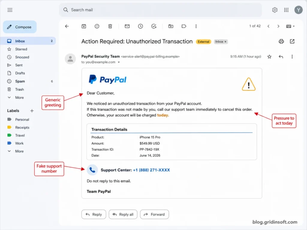 Example of a fake PayPal unauthorized transaction email with generic greeting, urgent charge warning, and masked support phone number.