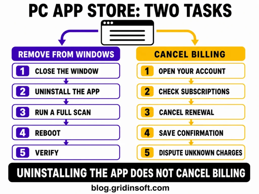 Two PC App Store checklists showing Windows removal steps and separate subscription cancellation steps.