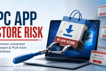 PC App Store risk warning with a fake app-store download bag being scrubbed from a Windows laptop.