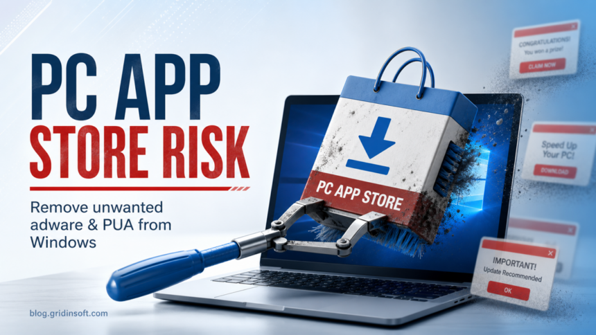 PC App Store risk removal poster showing an unwanted app store package being cleaned from a Windows laptop.