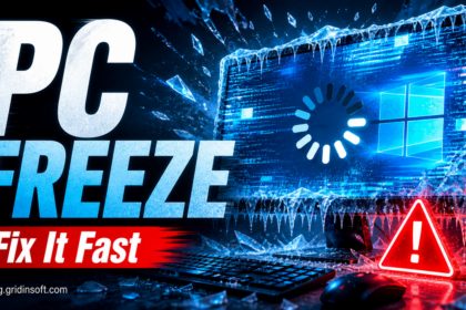 Frozen Windows PC with PC FREEZE warning and Fix It Fast text.