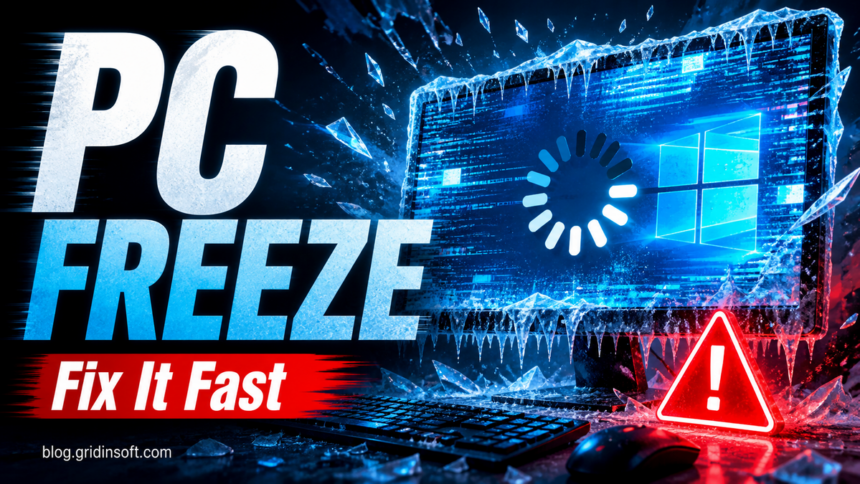 Frozen Windows PC with PC FREEZE warning and Fix It Fast text.