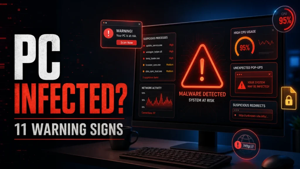 PC infected warning signs and suspicious activity dashboard