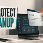 PCProtect cleanup poster showing uninstall and notification leftovers on a Windows laptop.