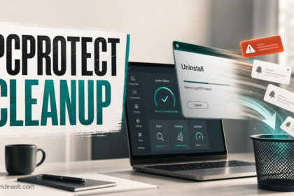 PCProtect cleanup poster showing uninstall and notification leftovers on a Windows laptop.