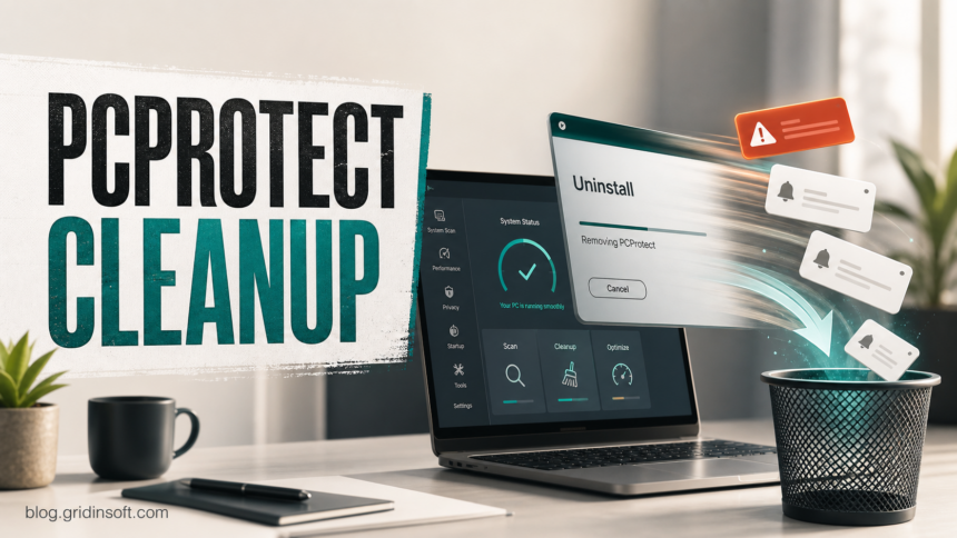 PCProtect cleanup poster showing uninstall and notification leftovers on a Windows laptop.