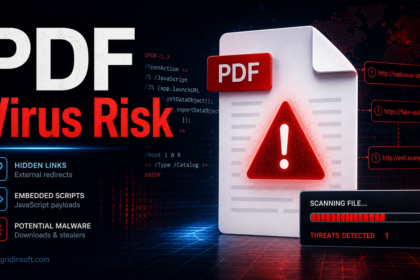 PDF Virus Risk: hidden links, embedded scripts, and potential malware in a PDF document.