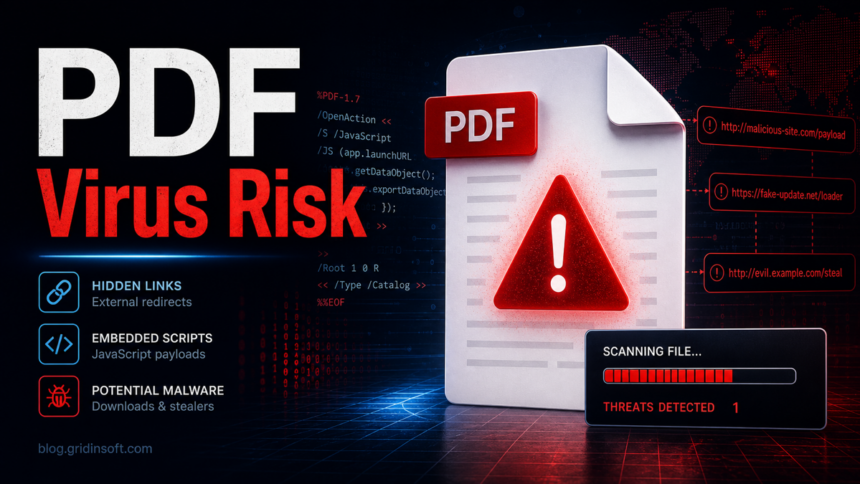PDF Virus Risk: hidden links, embedded scripts, and potential malware in a PDF document.