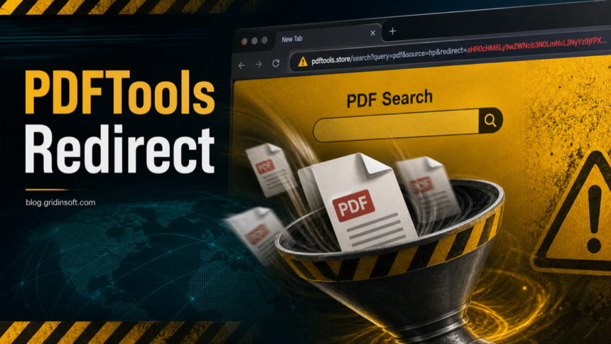 PDFTools Redirect browser hijacker funneling PDF searches into an unsafe search page.