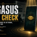 Pegasus spyware risk check poster showing a phone under targeted surveillance.