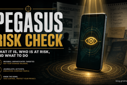 Pegasus spyware risk check poster showing a phone under targeted surveillance.
