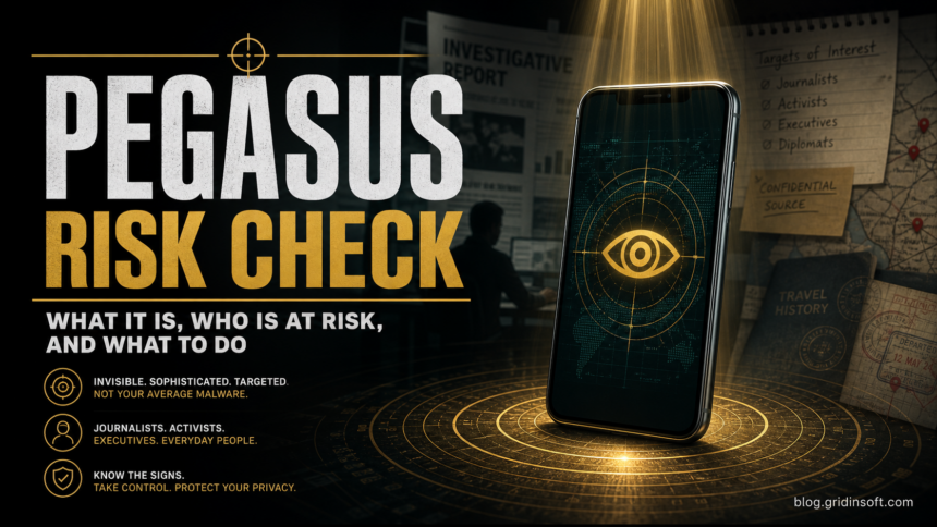Pegasus spyware risk check poster showing a phone under targeted surveillance.