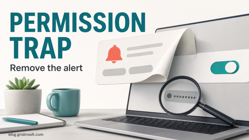 Light editorial poster showing a browser notification permission trap being removed.