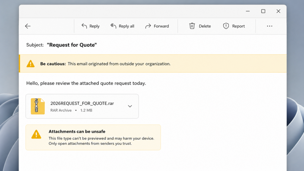 Generic request-for-quote phishing email with a suspicious RAR attachment.