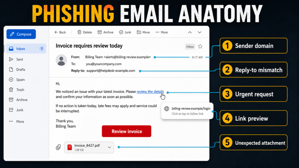 Diagram of phishing email red flags including sender domain, reply-to mismatch, urgent request, link preview, and attachment