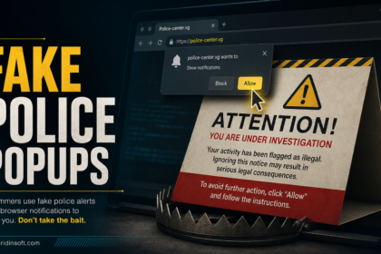 Fake police pop-up warning on a dark browser notification screen.