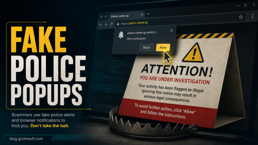 Police-center.vg Pop-Ups: Remove Fake Police Notifications 1 Fake police pop-up warning on a dark browser notification screen.