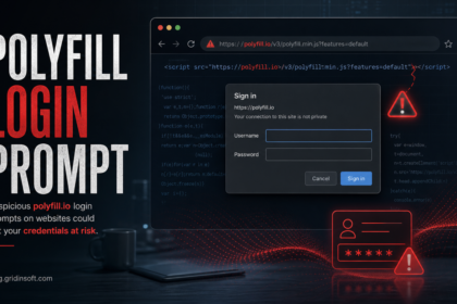 Browser window showing a suspicious polyfill.io sign-in prompt and credential warning.