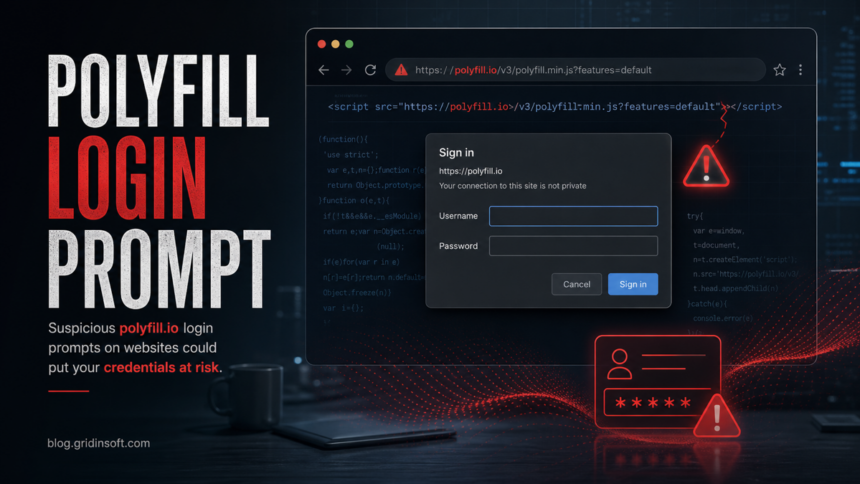 Suspicious polyfill.io login prompt on a website.