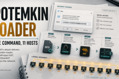 Potemkin Loader ClickFix intrusion diagram showing one pasted command spreading through 11 hosts.