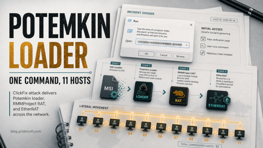 Potemkin Loader ClickFix intrusion diagram showing one pasted command spreading through 11 hosts.