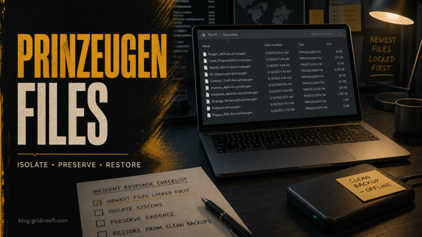 Locked .prinzeugen files on a workstation with an isolation and clean-backup checklist.