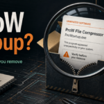 ProW File Compressor popup safety check with a ZIP archive and unwanted software warning.