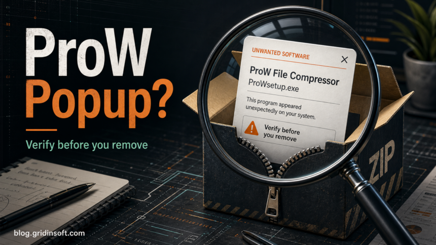 ProW File Compressor: Safe or Unwanted? 1 ProW File Compressor popup safety check with a ZIP archive and unwanted software warning.