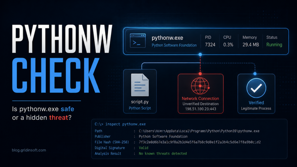 Editorial poster showing pythonw.exe process inspection and network check.