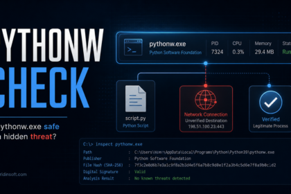 Editorial poster showing pythonw.exe process inspection and network check.
