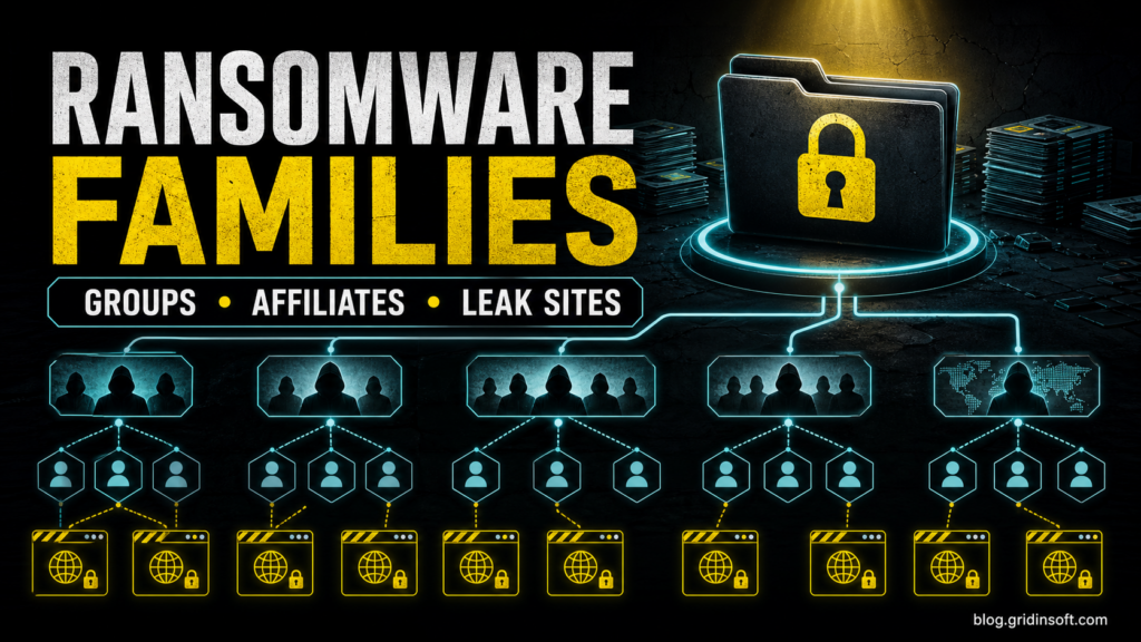 Ransomware families poster showing groups, affiliates, and leak sites as a branching threat network.